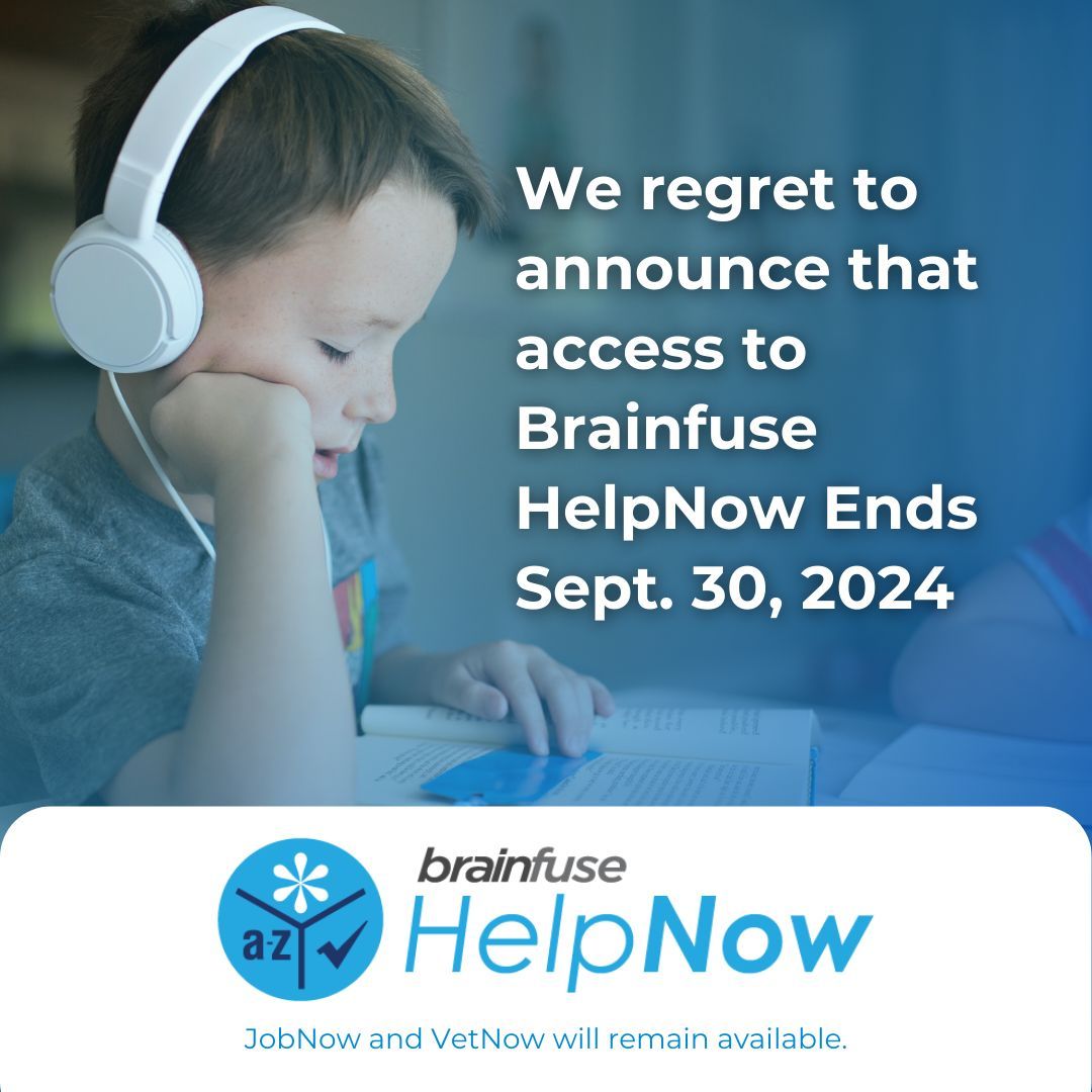 Attention users of Brainfuse HelpNow! Due to unforeseen circumstances, access to this resource will end Sept. 30. Please visit our research page to find other homework resources or book a Your Personal Librarian appointment for individualized assistance. buff.ly/3MD57nv