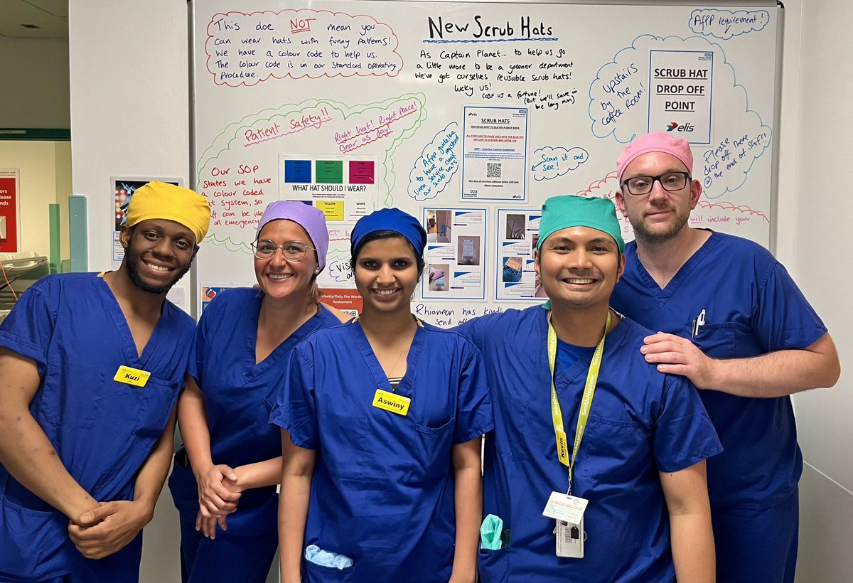 It’s all change in theatres!
Cloth scrub hats to help reduce our carbon footprint! As well as improve safety with our colour code system to help determine your role in an emergency. Laundered daily too! 
<a href="/FrimleyHealth/">Frimley Health NHS Foundation Trust 💙</a>