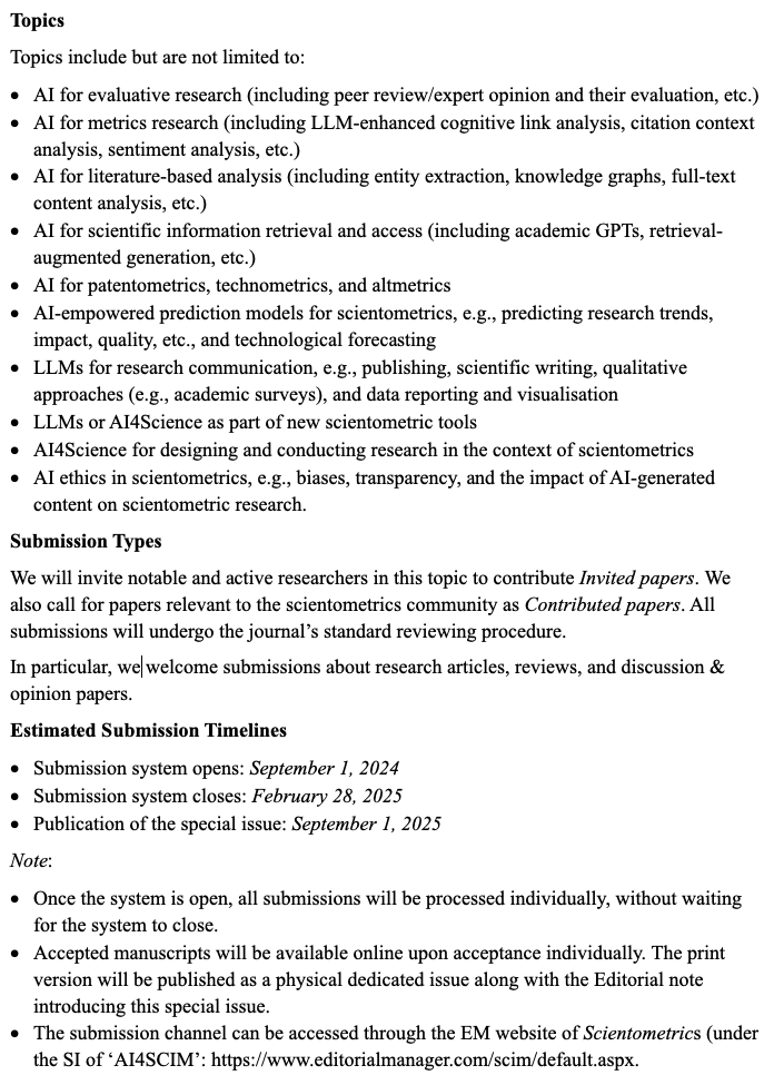 Yi Zhang (@yizhang0520) on Twitter photo #Scientometrics SI: #AI4SCIM
We welcome submissions regarding developing and utilising #AI techniques (particularly #LLMs) in designing, communicating with, and supporting broad scientometric studies.
lnkd.in/gVR5SHC4
<a href="/LinZhang1117/">Lin Zhang</a> <a href="/BirgerLrsn/">Birger Larsen</a> <a href="/kayvankousha/">Kayvan Kousha</a> <a href="/Timy_NJUST/">Chengzhi Zhang</a> #Scientometrics SI: #AI4SCIM
We welcome submissions regarding developing and utilising #AI techniques (particularly #LLMs) in designing, communicating with, and supporting broad scientometric studies.
lnkd.in/gVR5SHC4
<a href="/LinZhang1117/">Lin Zhang</a> <a href="/BirgerLrsn/">Birger Larsen</a> <a href="/kayvankousha/">Kayvan Kousha</a> <a href="/Timy_NJUST/">Chengzhi Zhang</a>