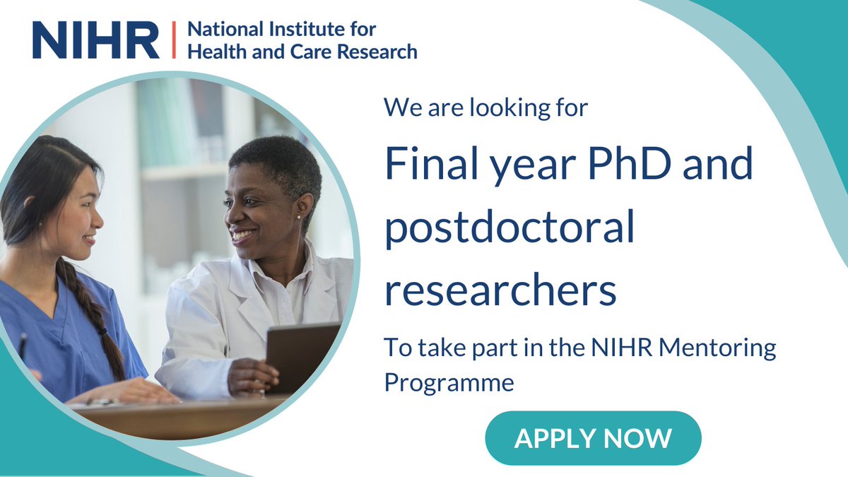 The #NIHRMentoring Programme has expanded📣We now have two streams per cohort:
🟥Early Career Researcher stream: final year PhD to 2 years post-doctoral
🟦Mid Career Researcher stream: two years postdoctoral and above.

Both streams open now: nihr.ac.uk/funding/nihr-m…