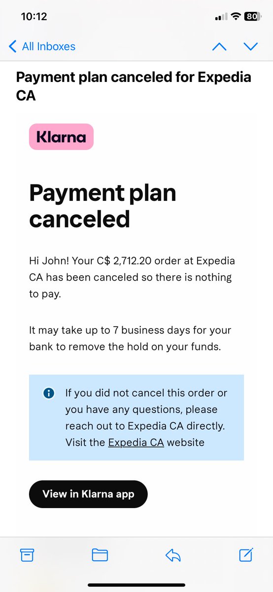 Jolenathan99's tweet photo. @AskKlarna Then i receive an email that my plan is cancelled and if i need explanation, i have to contact @Expedia . Doesnt make sense https://t.co/ibQmu5pBoc