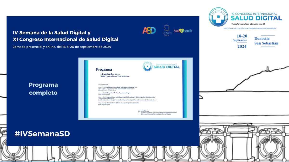 #ehealthDonostia2024 | Las jornadas 18, 19 y 20 de septiembre se celebrarán en San Sebastián: 

➡️ 'XI Congreso Internacional de Salud Digital'

#IVSemanaSD

Inscripciones:
uik.eus/es/curso/xi-co…