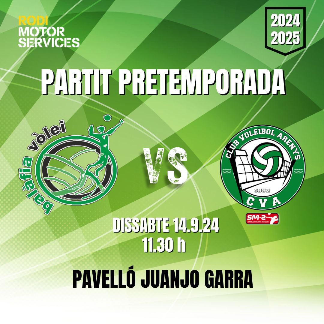 🏐TORNEM AL JUANJO GARRA🏐

🗓️Aquest dissabte, 14 de setembre, a les 11.30, el <a href="/MotorRodi/">MotorRodi</a> #1aNacional jugarà un partit amistós contra el CV Arenys que acaba d’ascendir a la #Superliga2 

#sombalafiavolei #sumatalverd #voleibolitzat #somdeprimera