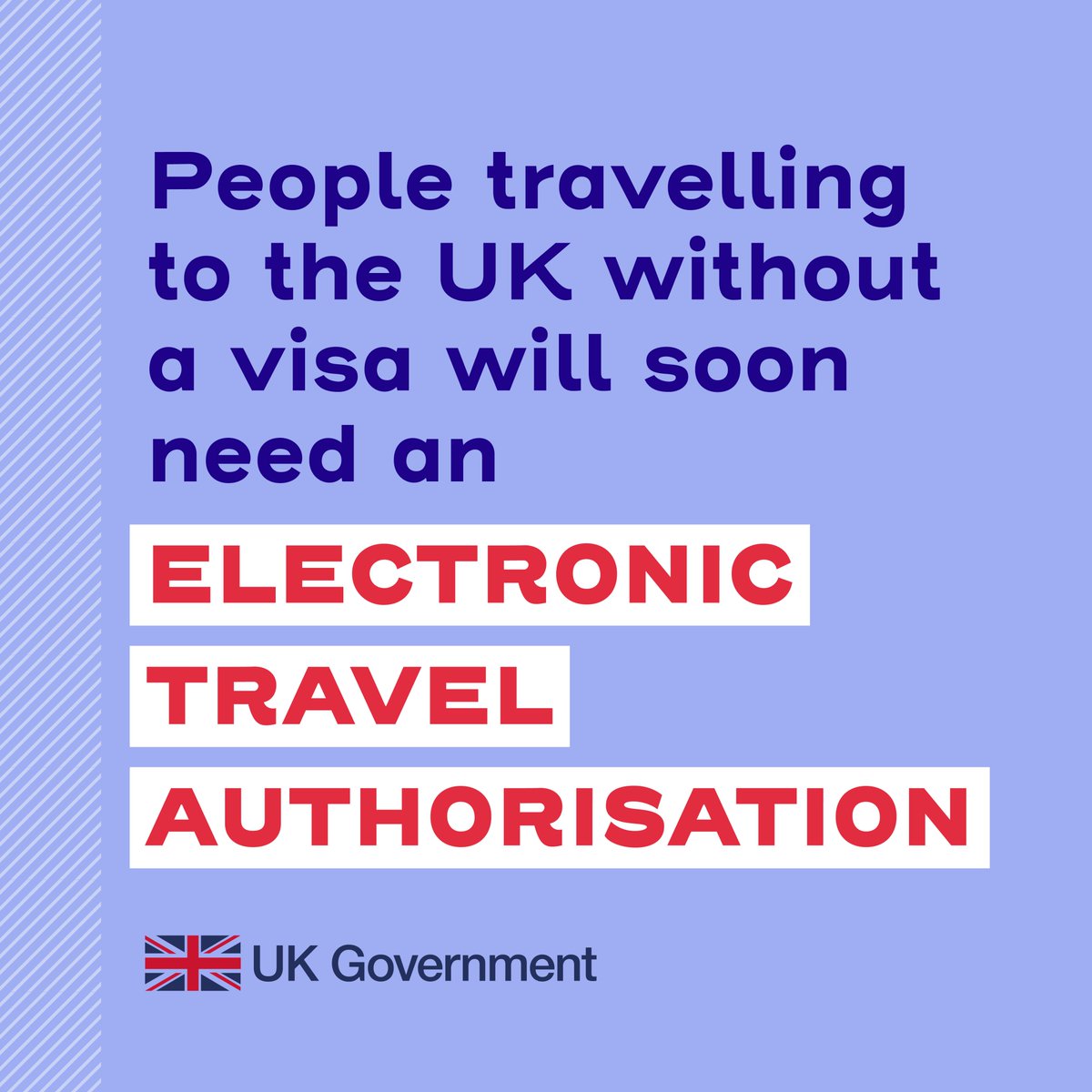 By April 2025 all visitors who do not need a visa will need an Electronic Travel Authorisation (ETA).

From today, information about ETA eligibility is available on gov.uk/electronictrav…