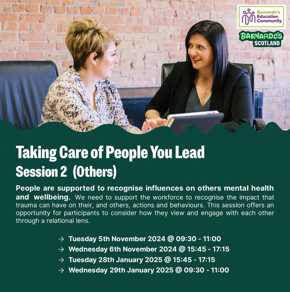 Taking Care of People You Lead - 3 interconnected online sessions for SL in education

S2 (Others) - an opportunity for participants to consider how they view and engage with each other through a relational lens

educators-barnardos.org.uk/staff-wellbein…