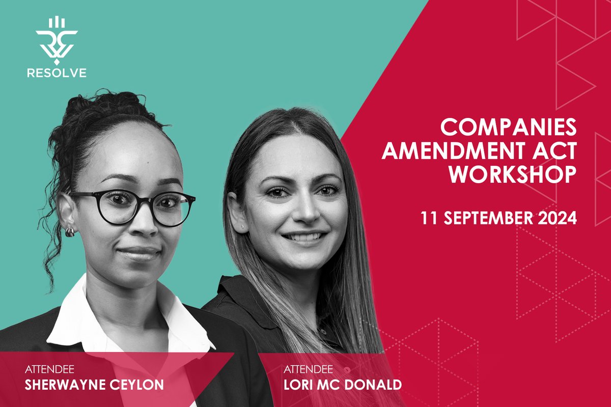 resolvesa's tweet image. Sherwayne Ceylon and Lori Mc Donald will be attending a Companies Act Amendments workshop/webinar today on September 11th, presented by Dr. Advocate Leigh Hefer.

Stay tuned for insights they&apos;ll bring back!

#ComplianceSimplied #CompaniesAct #ResolveTeam #Training