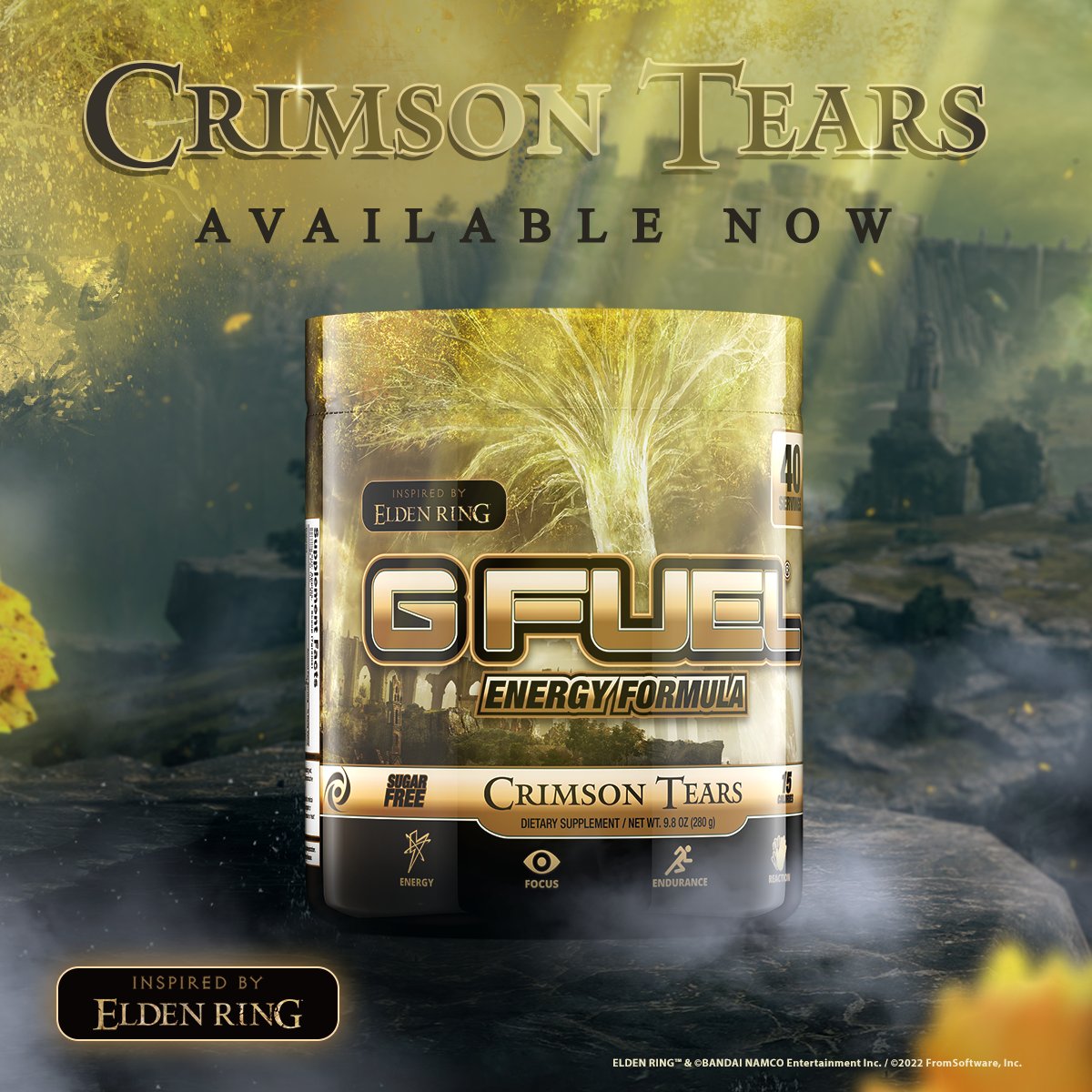 GFuelEnergy's tweet photo. 💛 LIKE + RT TO WIN AN #ELDENRING x #GFUEL CRIMSON TEARS TUB!

✨ 2 WINNERS PICKED TOMORROW BC I'M NO LONGER MAIDENLESS!