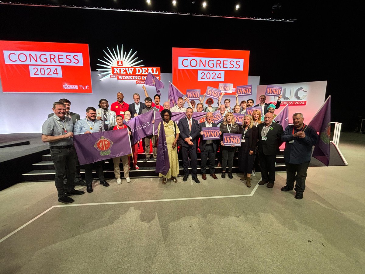 The <a href="/ProspectUnion/">Prospect Union</a> and Bectu delegation at #TUC24 stand in solidarity with <a href="/EquityUK/">Equity</a> members at the Welsh National Opera who have voted to take industrial action for the first time in their history in a dispute over jobs and pay.