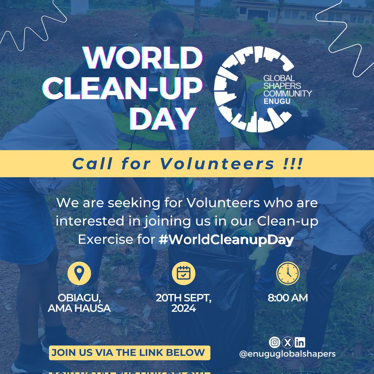 🌍 Join Us for WORLD CLEANUP DAY in Enugu! 💙

Calling all passionate volunteers! On September 20th, we'd be leading a cleanup exercise to make our city cleaner and greener. 

Sign up today via the link👇🏾
tinyurl.com/Gsc-enugu-clea…

#worldcleanupday   #volunteerforchange