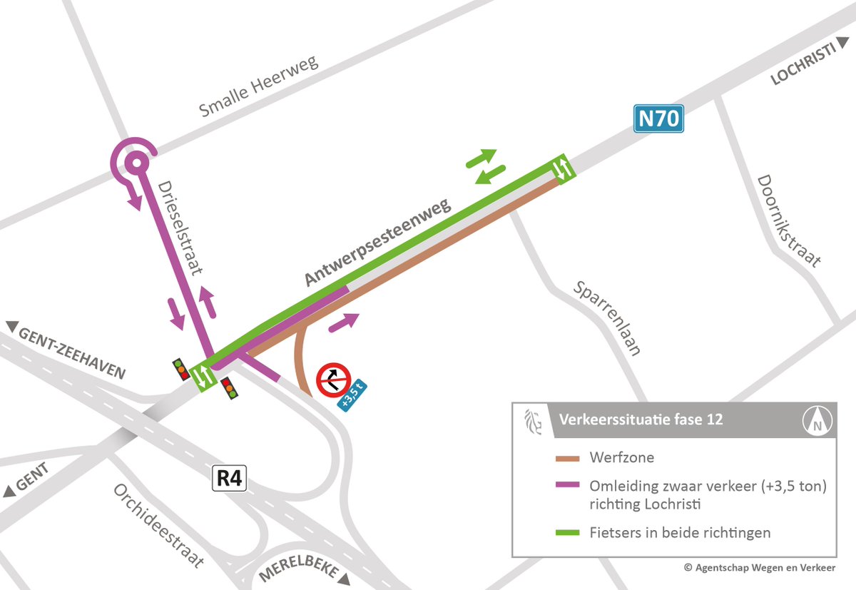 🚧 Van 13 september t.e.m. december laatste fase werken N70.

🚲 en🚶‍♀️via oversteken dubbelrichtingsfietspad en voetpad.
🚗 via 2x1.
🚛 via 2x1, rechtsaf vanop afrit R4 richting Lochristi niet toegestaan. Via omleiding.

Meer info via wegenenverkeer.be/gent