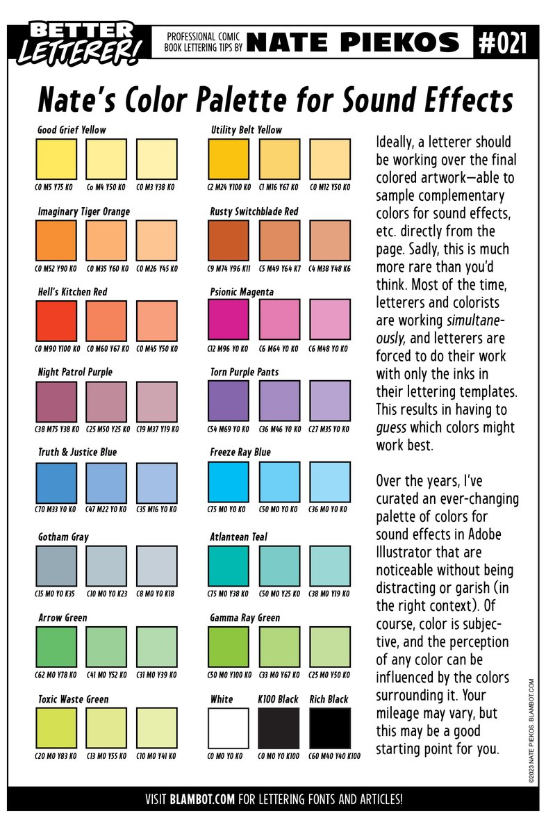 BETTER LETTERER #21: Nate's Color Palette for SFX  #comics #lettering #blambot #tips Read more: blambot.com/pages/letterin…