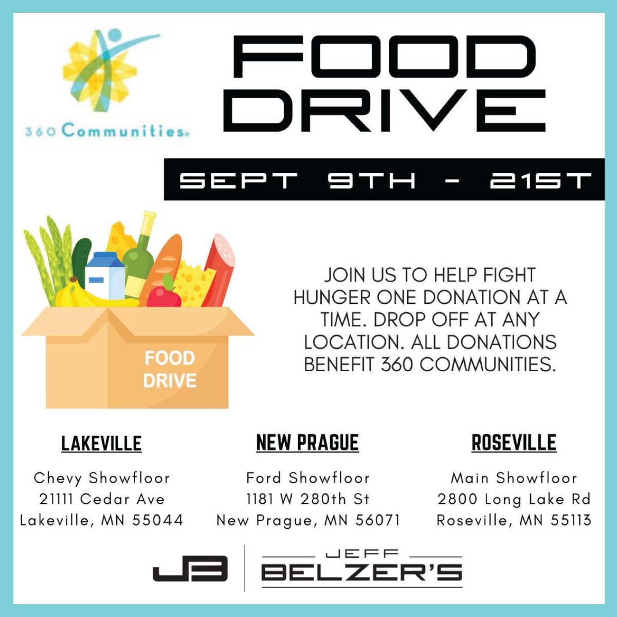 September is Hunger Action Month! To help fight food insecurity, consider donating non-perishable food items at any <a href="/JeffBelzers/">Jeff Belzer's</a> location from September 9th to 21st. All donations will benefit @360communities. Thank you for the support! ❤️

#HelpInTheMoment #HopeForTheFuture