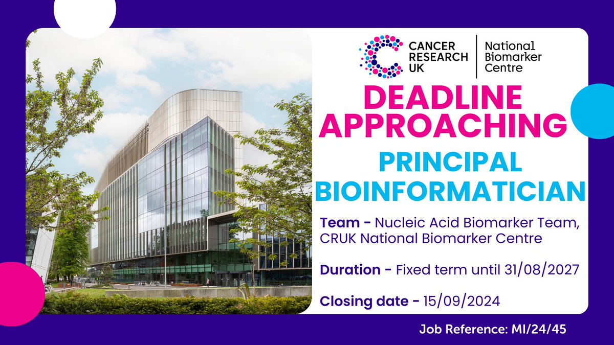 CRUK Manchester Institute (@cruk_mi) on Twitter photo Deadline approaching! Make sure to submit your #application for the Principal Bioinformatician vacancy within the Nucleic Acid Biomarker Team in the <a href="/cruk_nbc/">CRUK National Biomarker Centre</a> before it closes!
Deadline: Sunday 15th September 2024 🗓️
Link to vacancy:⬇️
cruk.manchester.ac.uk/recruitment/ca… Deadline approaching! Make sure to submit your #application for the Principal Bioinformatician vacancy within the Nucleic Acid Biomarker Team in the <a href="/cruk_nbc/">CRUK National Biomarker Centre</a> before it closes!
Deadline: Sunday 15th September 2024 🗓️
Link to vacancy:⬇️
cruk.manchester.ac.uk/recruitment/ca…