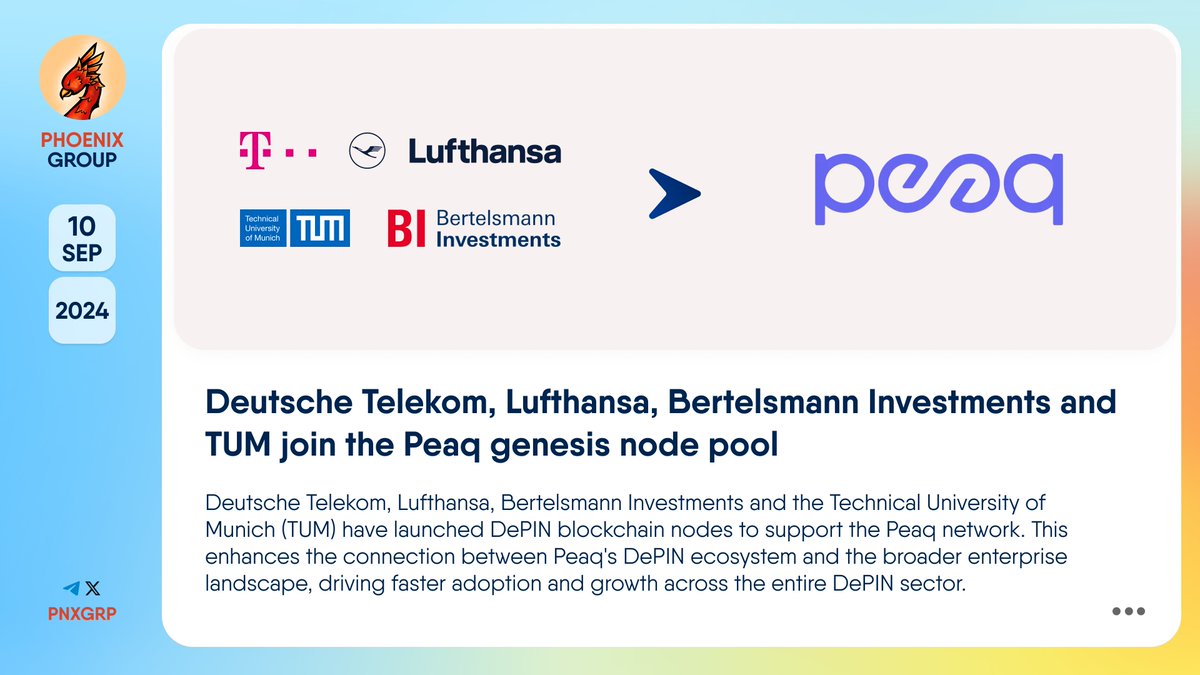 🔥 @DeutscheTelekom, @LHInnovationHub, @Bertelsmann_com and @TU_Muenchen  join the @PeaqNetwork genesis node pool Deutsche Telekom, Lufthansa,  Bertelsmann Investments and the Technical University of Munich (TUM) have  launched #DePIN blockchain nodes to ...