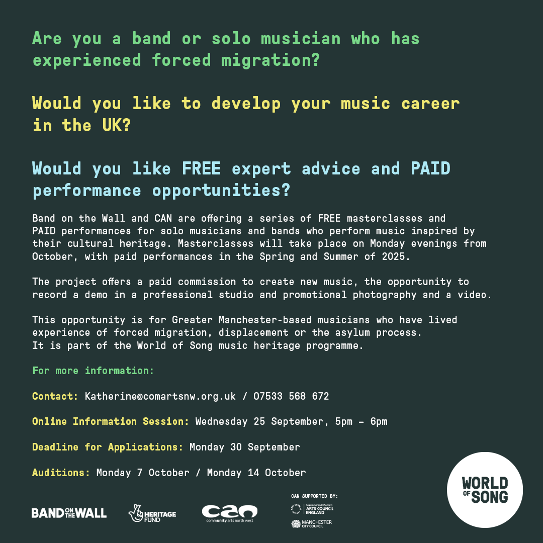 🎸👨‍🎤Solo musician or band with a new migrant or refugee asylum seeker background who wants professional development? Apply to CAN &amp; <a href="/bandonthewall/">Band on the Wall</a> Spotlight programme Closing date: 30/9 Thanks <a href="/HeritageFundUK/">The National Lottery Heritage Fund</a> #HeritageFund #WorldOfSong  Follow the link👇
shorturl.at/AxVfL
