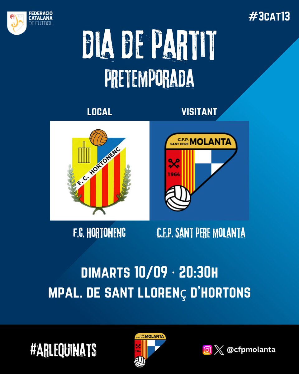 Avui tornem a jugar!

Ens desplacem a Sant Llorenç d'Hortons per enfrontar-nos a l'Hortonenc en el penúltim partit de la pretemporada.

Som-hi Molanta! 💙🤍

#Arlequinats #Molanta #CFPSPM