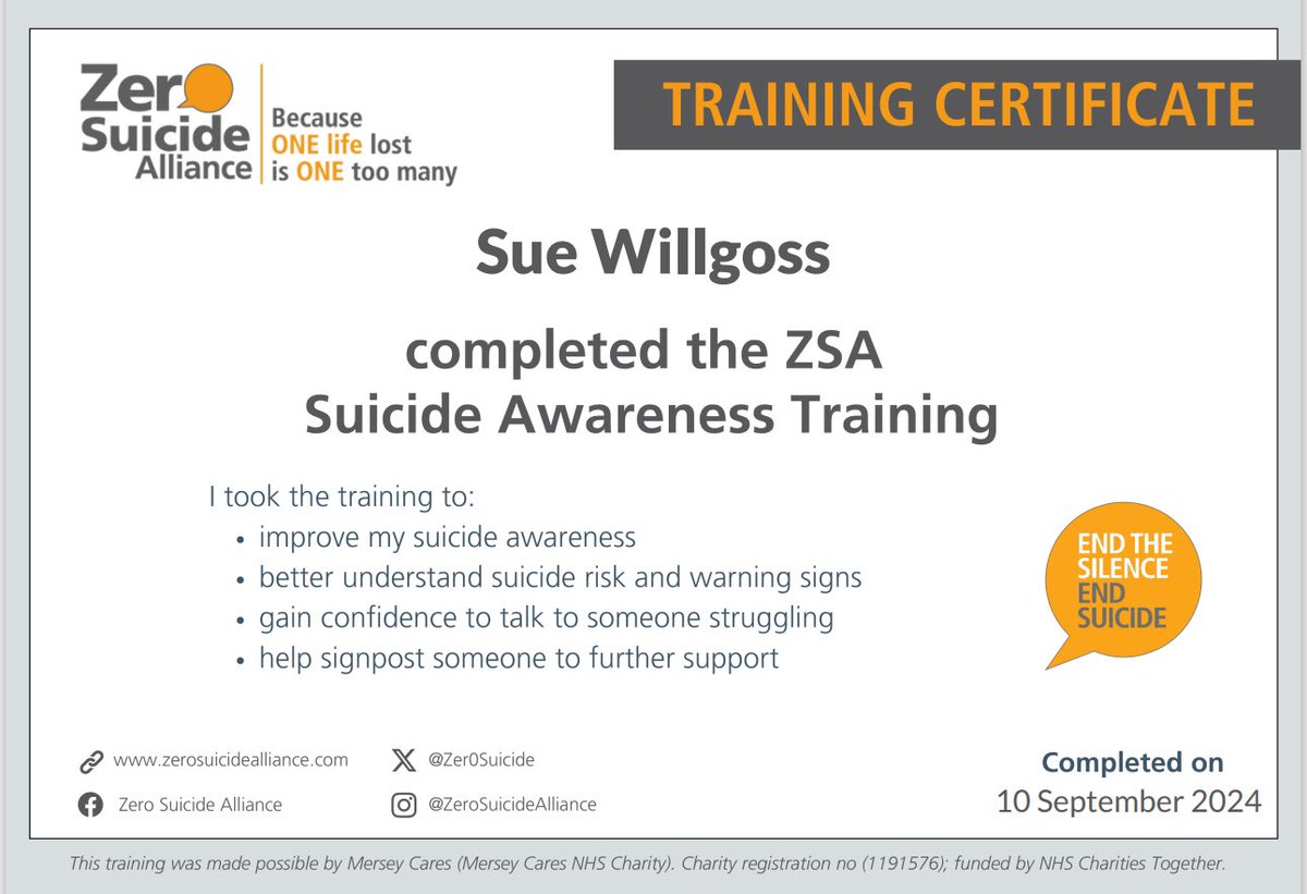 Sue Willgoss (@suziejaye) on Twitter photo Just completed ❤️🏋🏻♂️ Really is great training, ‘start the conversation’ with knowing how to ‘see, say and signpost’
Everyone should do it.
<a href="/Zer0Suicide/">Zero Suicide Alliance</a>
#WorldSuicidePreventionDay2024
#liftloudfordanny
#SuicidePrevention Just completed ❤️🏋🏻♂️ Really is great training, ‘start the conversation’ with knowing how to ‘see, say and signpost’
Everyone should do it.
<a href="/Zer0Suicide/">Zero Suicide Alliance</a>
#WorldSuicidePreventionDay2024
#liftloudfordanny
#SuicidePrevention
