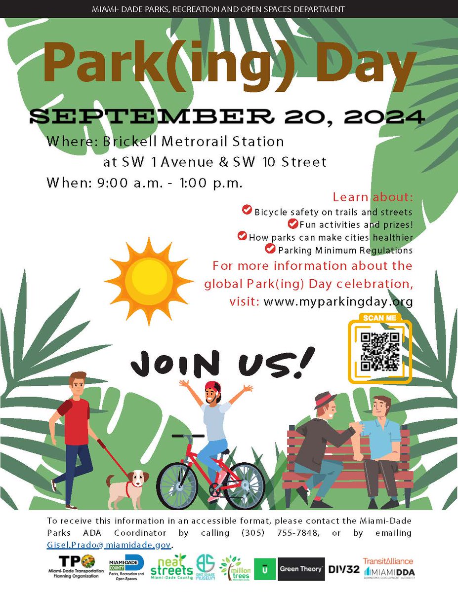 Join us and <a href="/miamidadetpo/">Miami-Dade TPO</a> for Park(ing) Day in Miami-Dade! 🌳 On Sept 20, 9 AM-1 PM, we're transforming a parking space at the Brickell Metrorail Station into a green oasis. Network, learn, &amp; celebrate sustainable urban planning.

#ParkingDay #Miami #CommunityEngagement