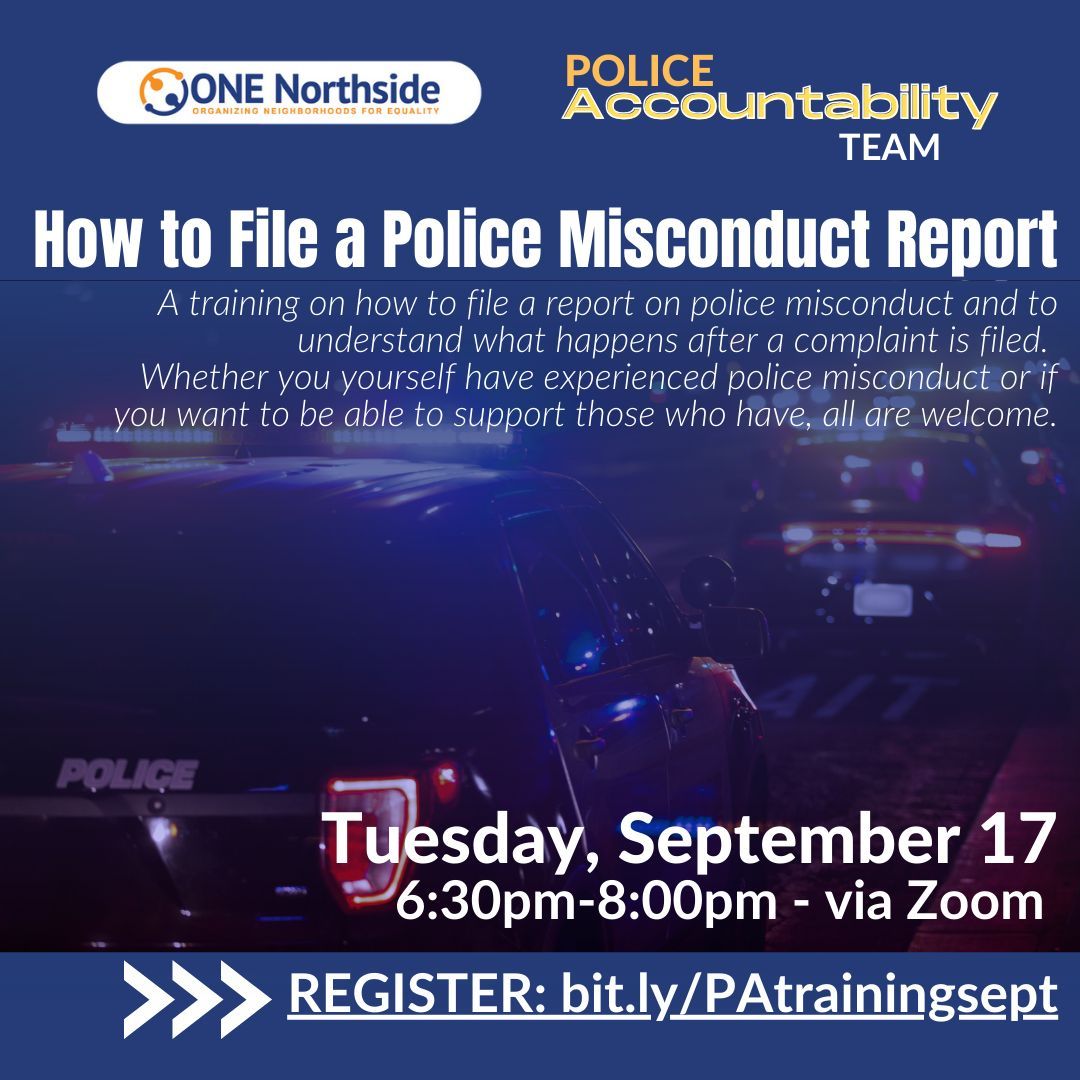 Register now for our upcoming training on how to file a police misconduct report. You will learn how to file a report, and also what happens after a complaint is filed. Register at bit.ly/PAtrainingsept