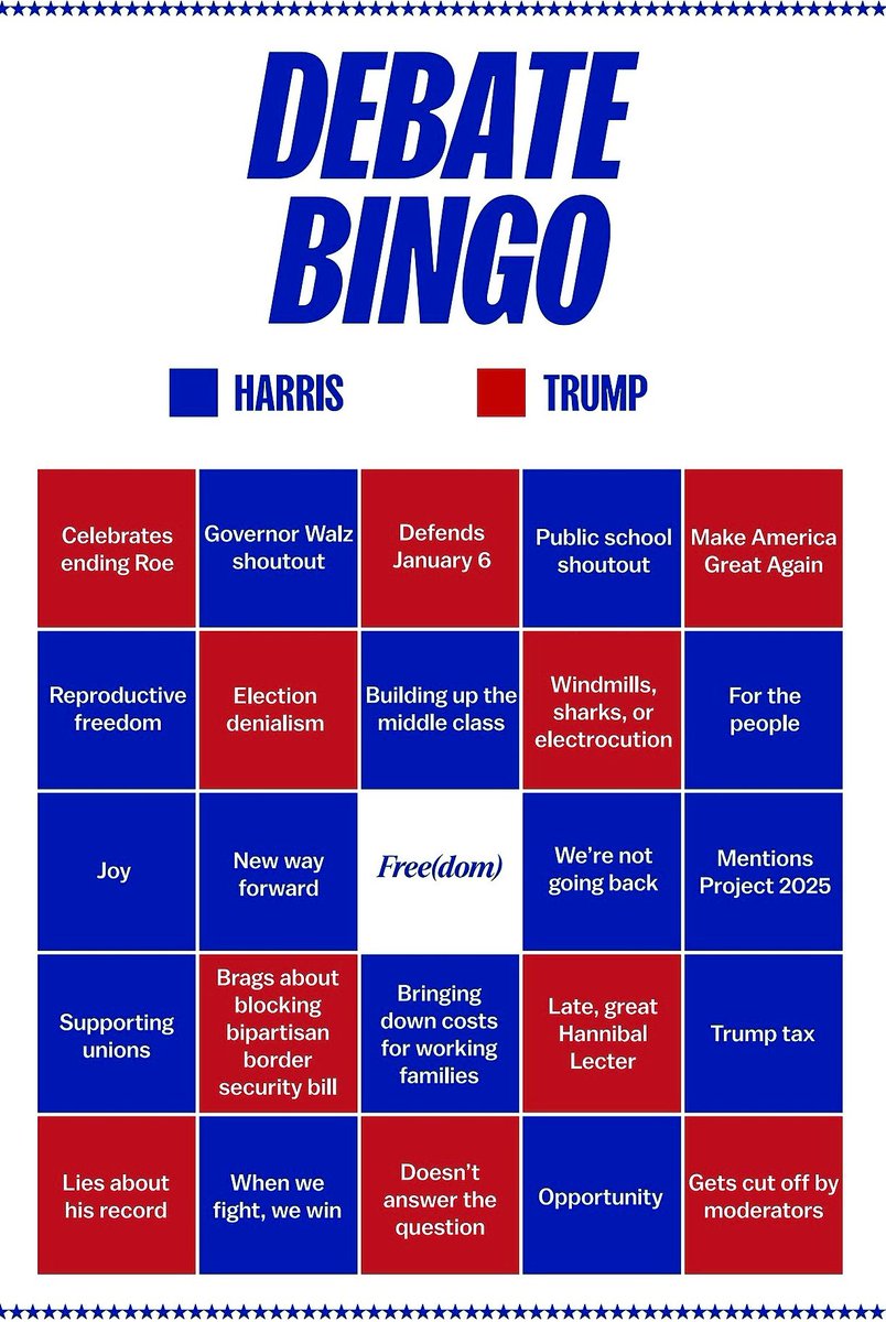 BigBlueWaveUSA's tweet photo. It’s #Debatenight and here’s your Bingo card.
PSA: Don’t do a Trump/Lie drinking game. Alcohol poisoning is no fun! 
Regardless of the #Debates2024, stay focused on #ElectionDay. Save democracy/ #StopProject2025 by joining the #HarrisWalzLandslide2024 🇺🇸
🌊 #KamalaUnitesUS 🌊 https://t.co/2gEgeS2rFe