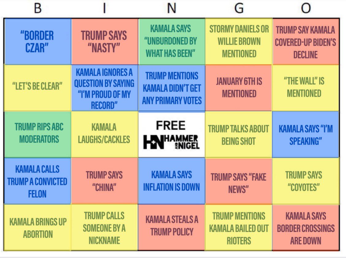 RustedSiloBrewHouse (@rustedsilobrew) on Twitter photo Debate Bingo!
Yellow = Sip. Peach = half a drink.
Blue = shot. Green = Chug a beer
At the end, submit a video of you answering the last question in the style of DJT! I’ll pick a winner and send y’all something tasty!
<a href="/hammerandnigel/">Hammer and Nigel</a> <a href="/tonykatz/">Tony Katz</a> <a href="/RobMKendall/">Rob Kendall</a> <a href="/caseydaniels317/">CaseyDaniels</a> <a href="/93wibc/">93 WIBC Indianapolis</a> Debate Bingo!
Yellow = Sip. Peach = half a drink.
Blue = shot. Green = Chug a beer
At the end, submit a video of you answering the last question in the style of DJT! I’ll pick a winner and send y’all something tasty!
<a href="/hammerandnigel/">Hammer and Nigel</a> <a href="/tonykatz/">Tony Katz</a> <a href="/RobMKendall/">Rob Kendall</a> <a href="/caseydaniels317/">CaseyDaniels</a> <a href="/93wibc/">93 WIBC Indianapolis</a>