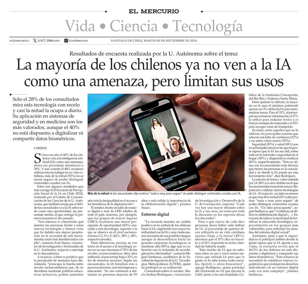 #MEDIOS📰I II Encuesta de Percepción Social de la IA en Chile 2024, realizada por <a href="/ciencias_chile/">Centro de Comunicación de las Ciencias</a>, arroja que la mayoría de los chilenos ya no ve esta tecnología como una amenaza. Conoce los resultados ⤵️