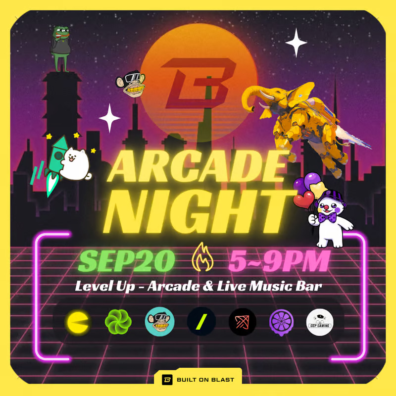 Blast is coming to Token2049!

We are excited to announce the first in-person event hosted by the Blast community.

Join us for Arcade Night at LevelUp on September 20th in Singapore.

Brought to you by Blast builders: Thruster, Baseline, Wasabi, MACHI, Juice, CCP gaming, and