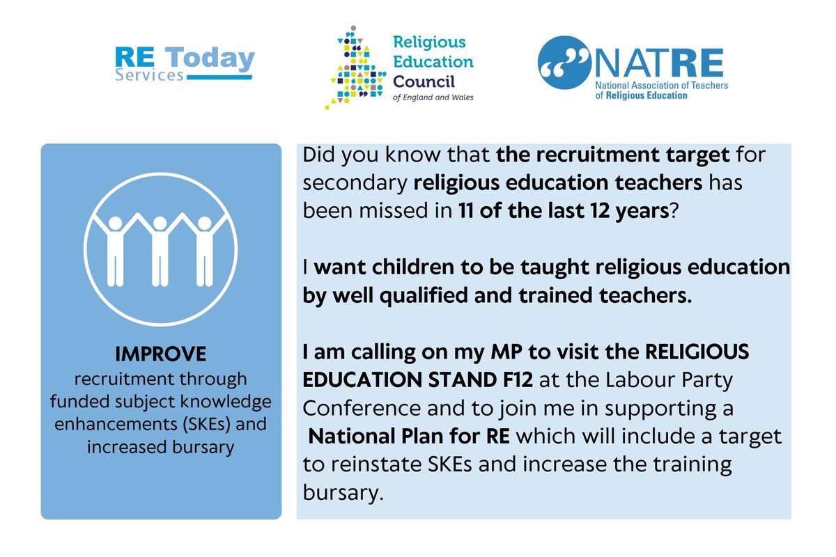 Please support NATRE and <a href="/RECouncil/">Religious Education Council</a> in their call for the <a href="/UKLabour/">The Labour Party</a> government to establish a National plan for RE, so that pupils are taught by well qualified and trained teachers. Contact your MP to urge them to champion this campaign.