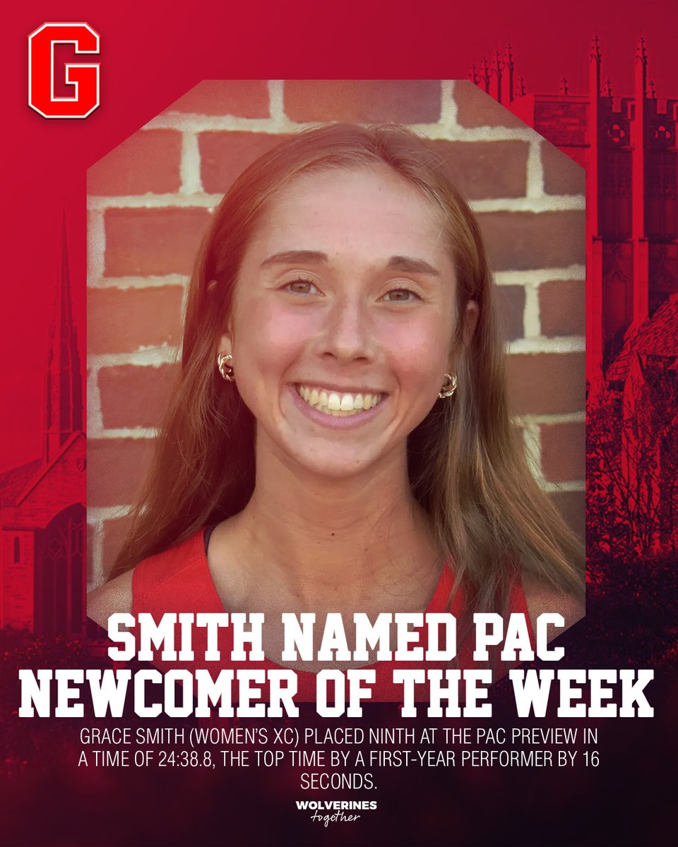 Grove City College Athletics (@gcc_wolverines) on Twitter photo Congrats to <a href="/GCC_XCTF/">Grove City College XC/TF</a>'s Grace Smith for being named PAC Newcomer of the Week!
#WolverinesTogether Congrats to <a href="/GCC_XCTF/">Grove City College XC/TF</a>'s Grace Smith for being named PAC Newcomer of the Week!
#WolverinesTogether