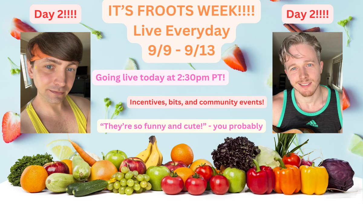 DAY 2 OF FROOT WEEK!! <a href="/matthallplays/">Matt Hall</a> and I are going live again at 2:30pm PT!! Yesterday was so fun and we are so excited for today!! Will we finish the tier list? How many more will join the fart bucket? How many more people are gonna yell at us about Canes? FIND OUT TODAY!