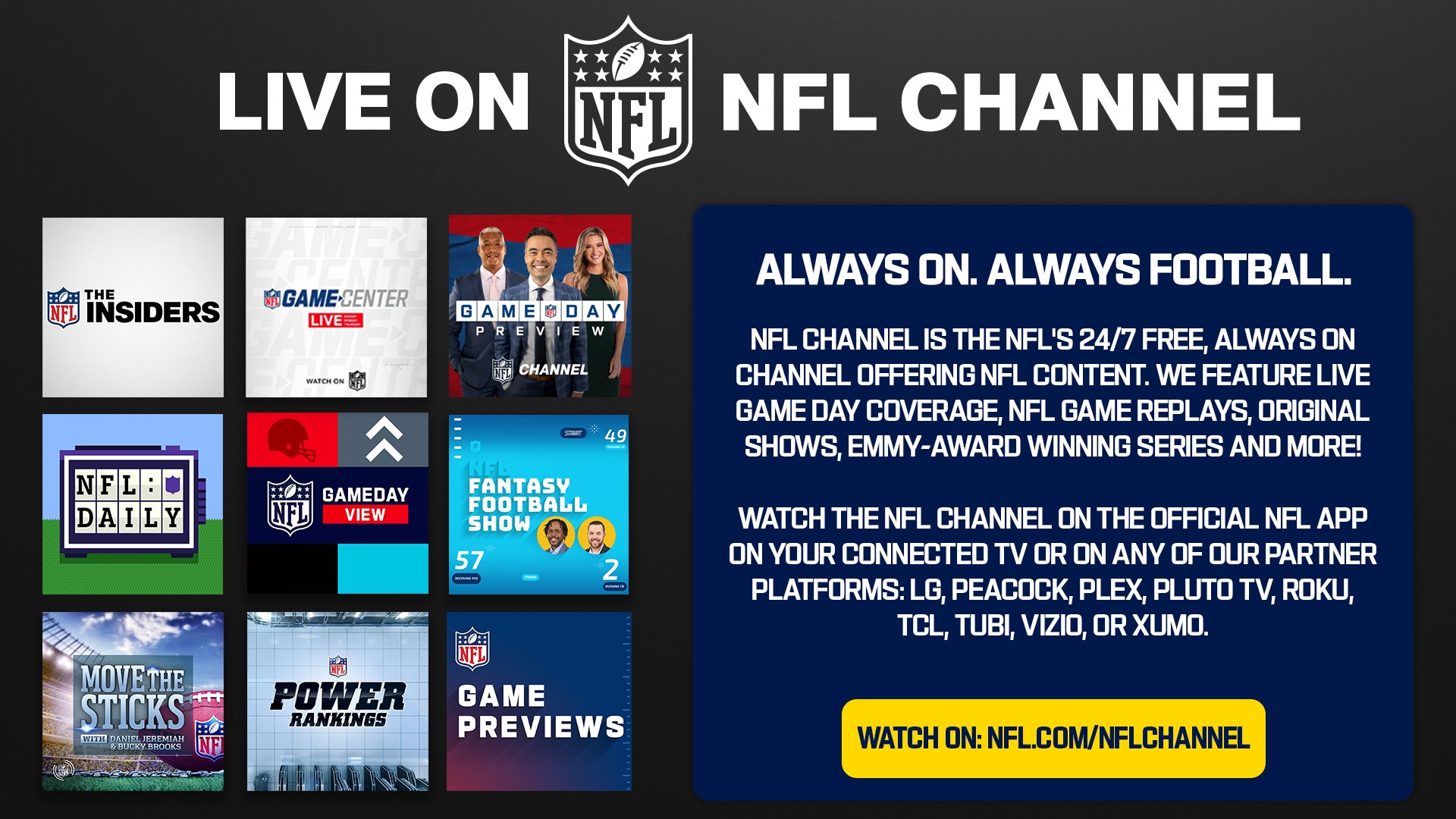 NFL Media on X Live on the NFLChannel Watch on the NFL App Connected TV or partner platforms LG Peacock Plex Pluto TV Roku TCL Tubi Vizio Xumo https t burhqMpbgZ https t wpqkVcL375