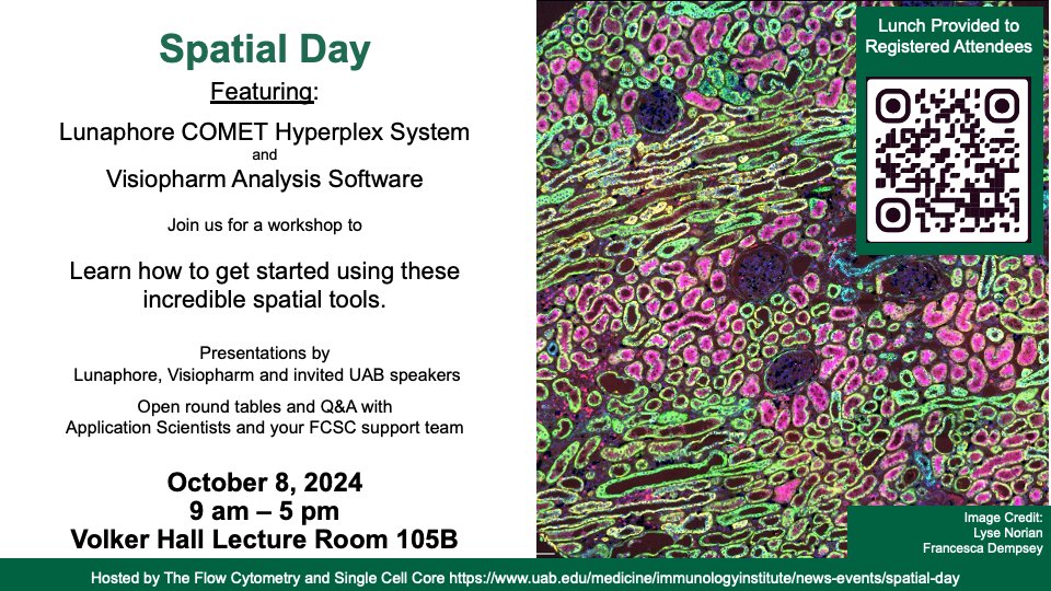 The UAB Flow Cytometry and Single Cell Core is hosting the first installment of “Spatial Day” workshops. Join us Tuesday, October 8th for an introduction to the design and applications of the Lunaphore COMET Hyperplex Spatial Proteomics platform and Horizon Viewer and Analysis.