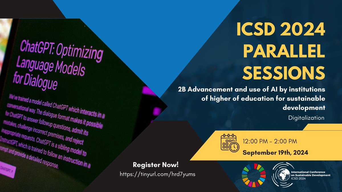 How can AI transform higher education for a sustainable future?
Join us for #ICSD2024 sessions on AI's role in academia &amp; sustainable development. Explore case studies on its practical applications &amp; impact on education.

 Register: tinyurl.com/yvh45dpd