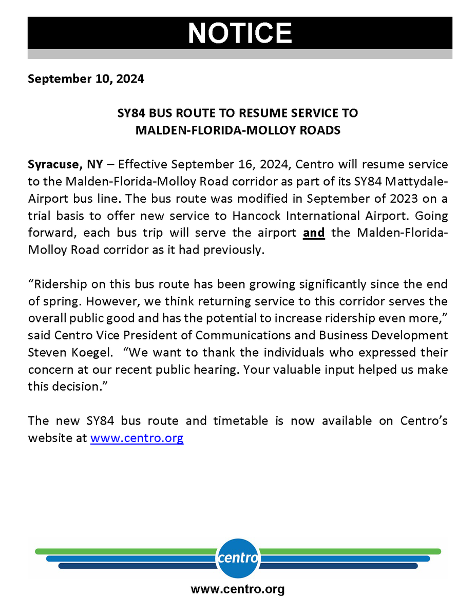GoCentroBus's tweet image. NOTICE: SY84 Bus Route to Resume Service to Malden-Florida-Molloy Roads. #GoCentroBus #TakeTransit