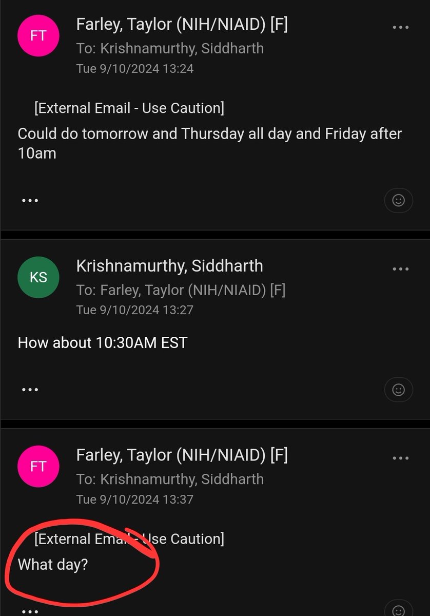 What is it about this job that makes PIs answer scheduling emails like this. I never did this as a grad student or a postdoc, but here I am doing it as a PI. Sorry @TaylorF_55 !!
