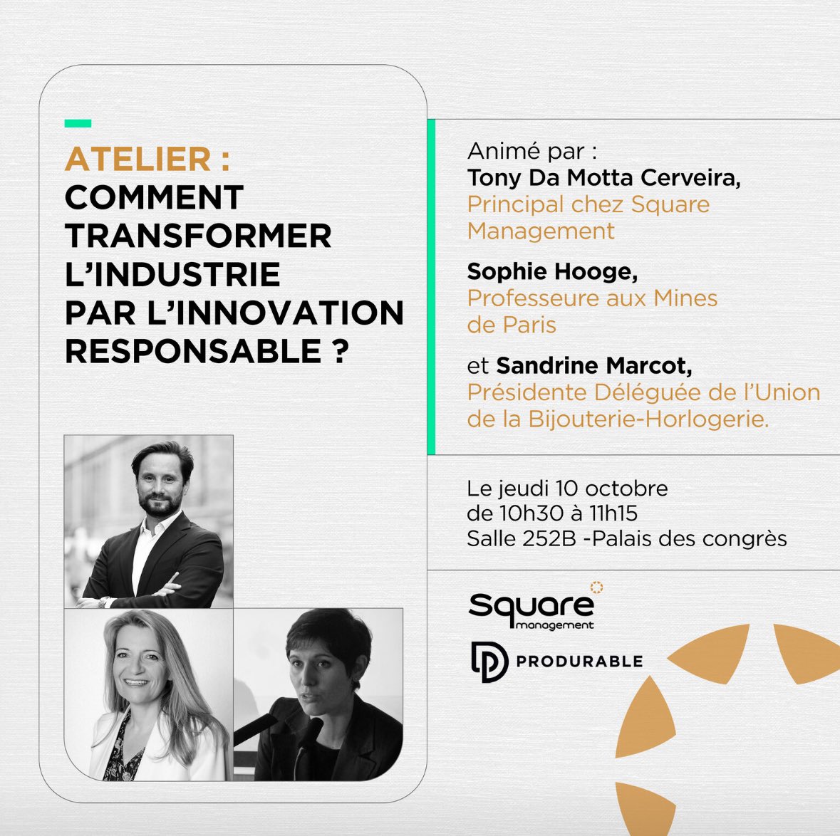 Retrouvons-nous le temps d’un atelier sur la place de l’Innovation Responsable dans la transformation de l’industrie, au travers d’un cas : la renaissance de la filière de l’horlogerie française.

A vos agendas : 
📍 Où ? Au Salon <a href="/PRODURABLE/">Salon PRODURABLE</a> 
🗓️ Quand ? Le jeudi 10 octobre