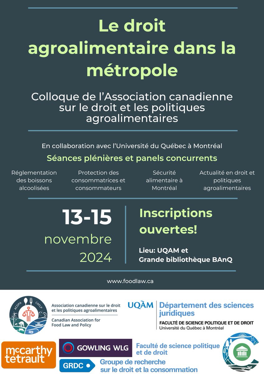 Canadian Association for Food Law and Policy (@foodlawcanada) on Twitter photo 📢Les inscriptions pour notre 8e colloque en collaboration avec l'<a href="/UQAM/">UQAM | Université du Québec à Montréal</a> sont ouvertes.
✅L'admissibilité confirmée par le Barreau du Québec aux fins de la formation continue obligatoire (16.5 heures)
✅Prix lève-tôt jusuq'au 15 septembre
🏃N'attendez pas ! 📢Les inscriptions pour notre 8e colloque en collaboration avec l'<a href="/UQAM/">UQAM | Université du Québec à Montréal</a> sont ouvertes.
✅L'admissibilité confirmée par le Barreau du Québec aux fins de la formation continue obligatoire (16.5 heures)
✅Prix lève-tôt jusuq'au 15 septembre
🏃N'attendez pas !