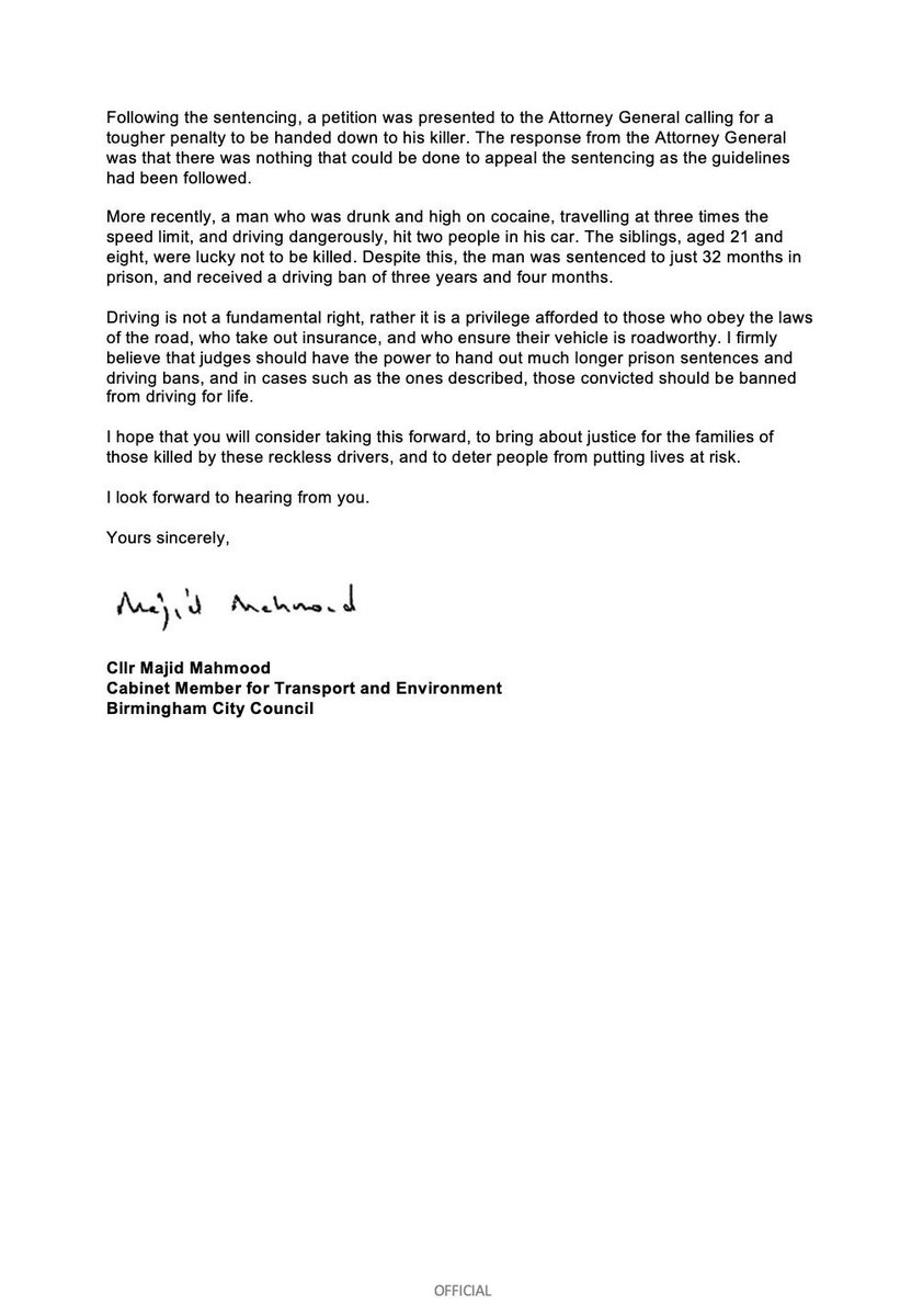Cllr Majid Mahmood (@cllrmajid) on Twitter photo I have written to the Lord Chancellor <a href="/ShabanaMahmood/">Shabana Mahmood MP</a> to ask for sentencing guidelines to be reviewed so dangerous drivers who cause death or serious injury stay behind bars, and are then banned from driving, for longer. I have written to the Lord Chancellor <a href="/ShabanaMahmood/">Shabana Mahmood MP</a> to ask for sentencing guidelines to be reviewed so dangerous drivers who cause death or serious injury stay behind bars, and are then banned from driving, for longer.