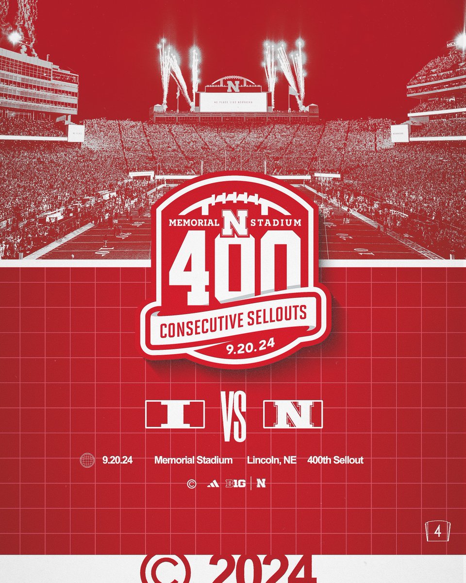 There is No Place Like Nebraska and there never will be. 

Next Friday’s game vs. Illinois will officially mark the 400th consecutive sellout at Memorial Stadium. 🏟️