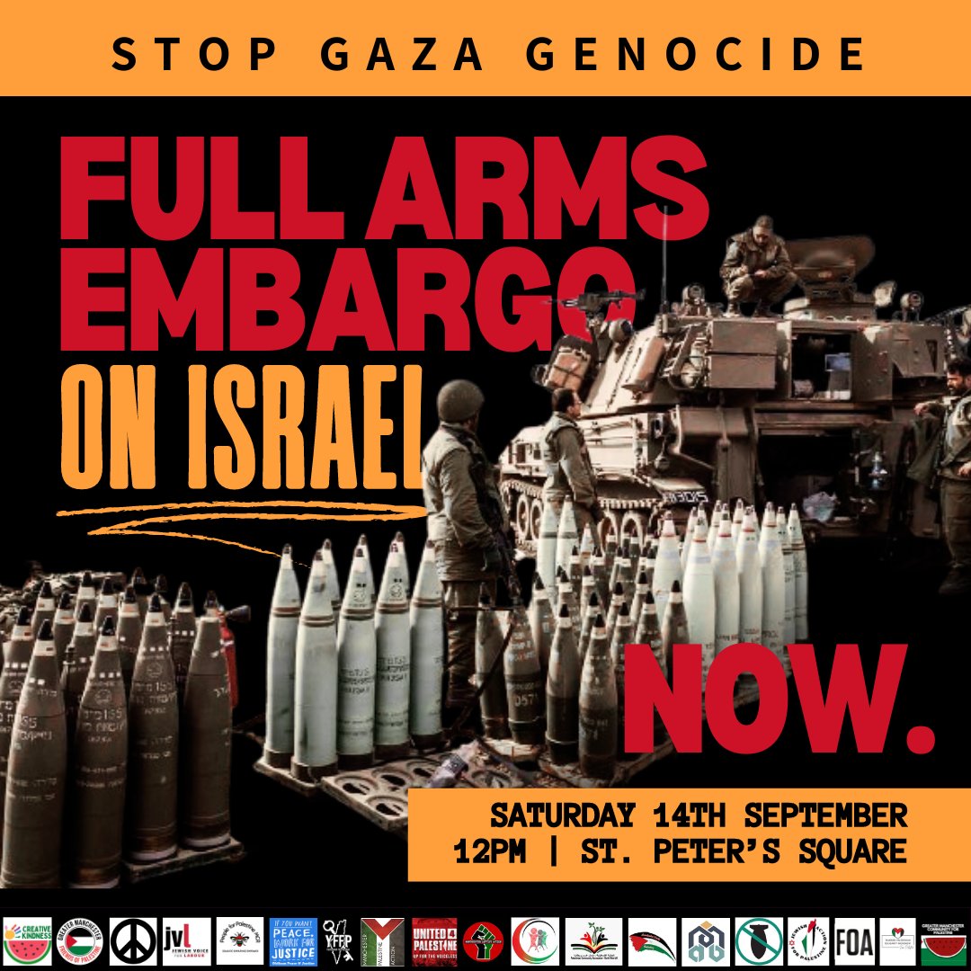Stop Arming Israel! All out in Manchester this Saturday 14th September in St Peter’s Square, 12pm! 🇵🇸

337 days.
48 weeks.
11 months.

This is how long Palestinians in Gaza have been subjected to genocide by Israel. Over 40,000 Palestinians have been slaughtered, including more