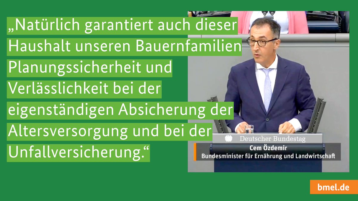 Bundesminister <a href="/cem_oezdemir/">Cem Özdemir</a> im #Bundestag zu Altersversorgung &amp; Unfallversicherung in der Landwirtschaft: „Wir stellen 2025 Zuschüsse in Höhe von 4,1 Milliarden Euro zur Verfügung. Der Zuschuss zur landwirtschaftlichen Unfallversicherung bleibt – 100 Mio. Euro.“