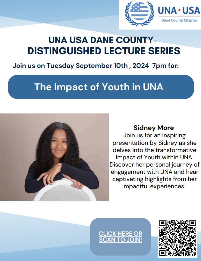 📢 TODAY on Zoom! Check out the United Nations Association of the USA (UNA-USA) Distinguished Lecture Series featuring Ms. Sidney Moore at 7 PM! Hear how youth are making a global impact through UNA.