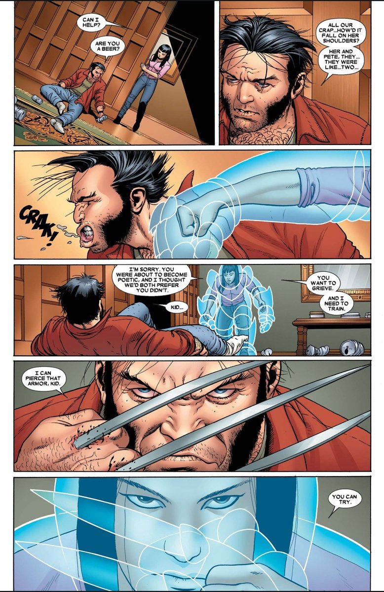 jonathan_eff's tweet photo. In case you didn't know, Armor was co-created by John Cassaday. 

Below is a page from Giant-Size Astonishing X-Men - I love how she uses her armor to make claws. 

This is a wild page. I love it. https://t.co/nvGwPY3u8R