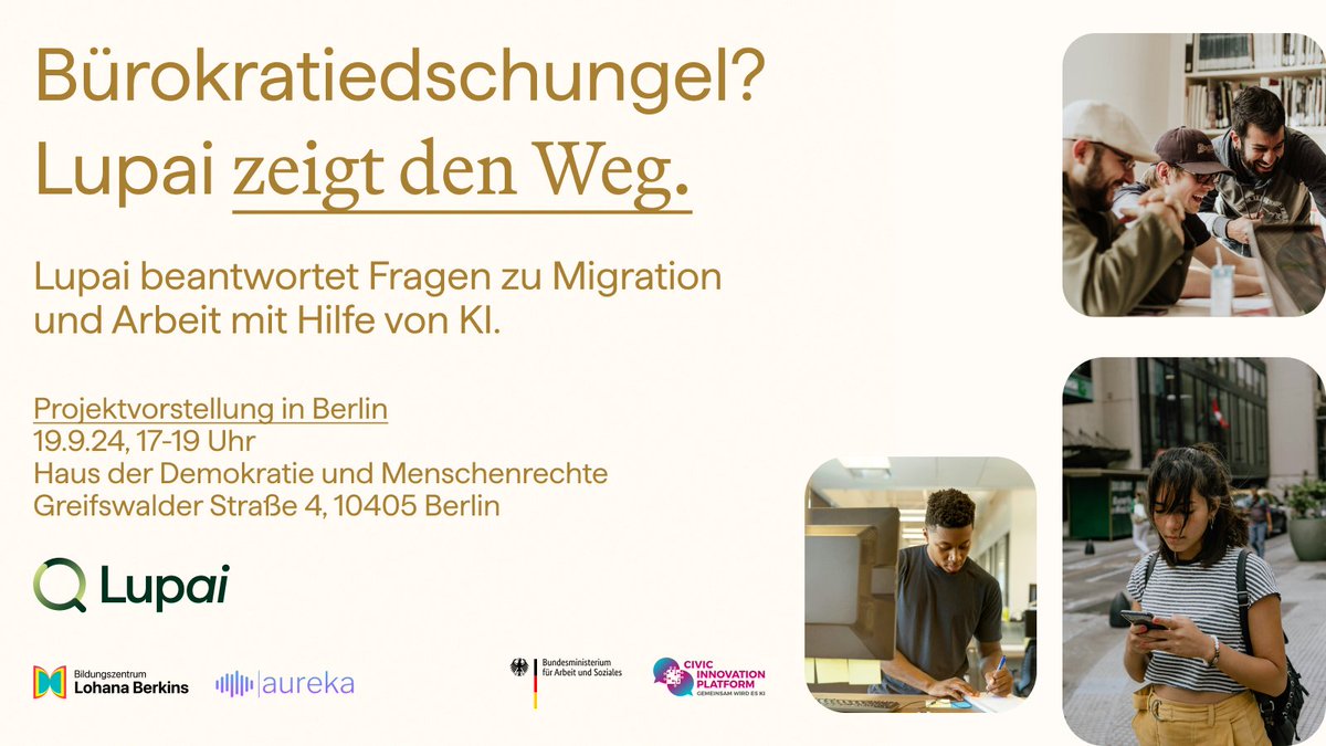 Bürokratiedschungel? Lupai zeigt den Weg! Am 19.9.24 stellen wir das Projekt vor. 
Kommt vorbei und involviert euch in die Gestaltung einer gemeinwohlorientierten #KI, die Migrant:innen und Arbeitnehmer:innen unterstützt. 
Anmeldung unter: eventbrite.de/e/lupai-ki-unt…