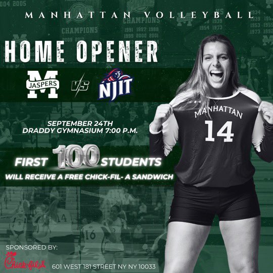 #JasperNation we hope to see you at our home opener vs. NJIT on 9/24 where the first 100 students in attendance will receive a free Chick-fil-A sandwich.

We are proud to partner with our friends at Chick-fil-A!

See you all on 9/24! #GoJaspers