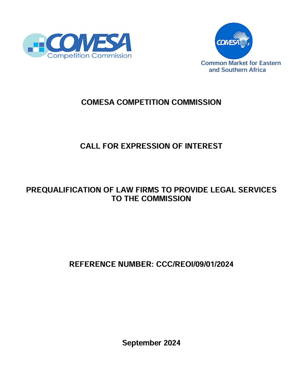 CCC_COMESA's tweet image. #CCC has published an #ExpressionofInterest: #Prequalification of law firms to provide Legal services to the CCC. Link to the publication; comesacompetition.org/opportunity/ca…
#COMESARegion #Legalservices #opportunity