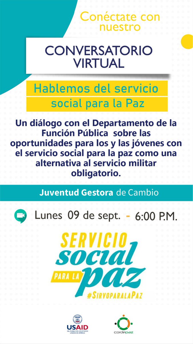 DAFP_COLOMBIA's tweet photo. Participamos en un conversatorio virtual con jóvenes del Meta para socializar el #ServicioSocialParaLaPaz.

Junto a @USAID_Colombia y @Cordepaz discutimos cómo esta alternativa al servicio militar obligatorio puede ser una oportunidad valiosa para las juventudes colombianas. https://t.co/ptAmorFJ4M