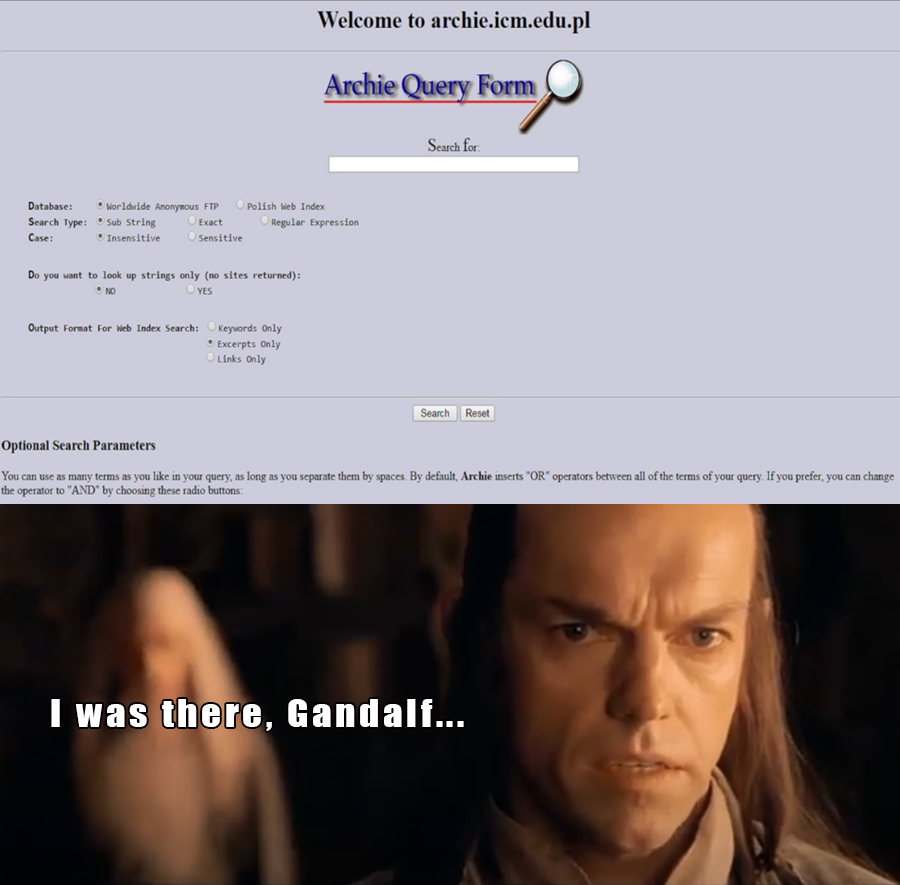 Hoy hace 34 años del lanzamiento de Archie, el primer motor de búsqueda de Internet que indexaba archivos FTP. Creado por tres estudiantes, fue superado por los buscadores web, pero hoy puedes acceder a él en archie.serialport.org

#historiadeinternet #efemerides #ftp