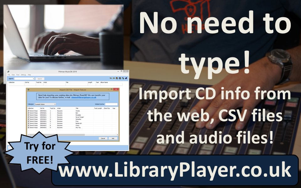Need to catalogue your station's music collection?

Whether on CD or digital - our music database software can help keep your collection organised (and help presenters find tracks)

Download a free trial and get started at:
libraryplayer.co.uk/2021/02/musicd…

#communityradio #hospitalradio