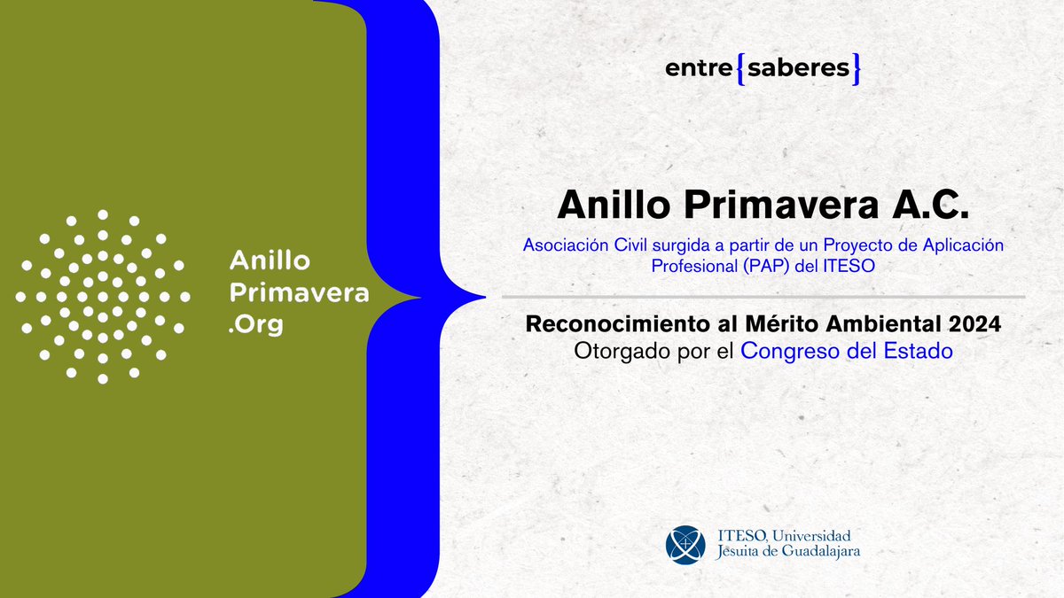 <a href="/AnilloPrimavera/">Anillo Primavera</a>, una asociación nacida desde las aulas del <a href="/ITESO/">ITESO</a>, recibió el Reconocimiento al Mérito Ambiental 2024, por sus más de 13 años incansable labor para preservar el Bosque de La Primavera.

Conoce más detalles: ite.so/2gdl7

#TodoElAñoEsPrimavera